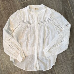 Matilda Jane Good Hart Button-Up white lace trimmed Blouse preacher collar XS